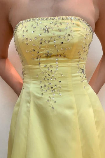 Yellow Strapless Empire Lace Up A-Line Party Evening Dress